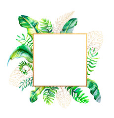 Set of card with tropical leaves and flowers. Floral greeting card. Template for invitations, wedding and any design . Frame