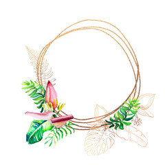 Set of card with tropical leaves and flowers. Floral greeting card. Template for invitations, wedding and any design . gold frame