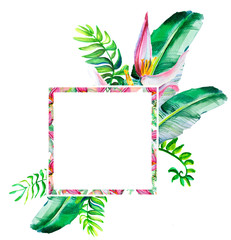 Set of card with tropical leaves and flowers. Floral greeting card. Template for invitations, wedding and any design . Square template, pattern frame