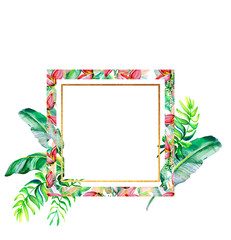 Set of card with tropical leaves and flowers. Floral greeting card. Template for invitations, wedding and any design . Square template, pattern frame