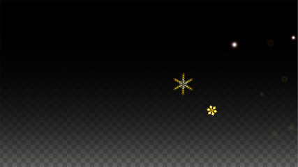 Christmas  Vector Background with Gold Falling Snowflakes Isolated on Transparent Background. Realistic Snow Sparkle Pattern. Snowfall Overlay Print. Winter Sky. Design for Party Invitation.