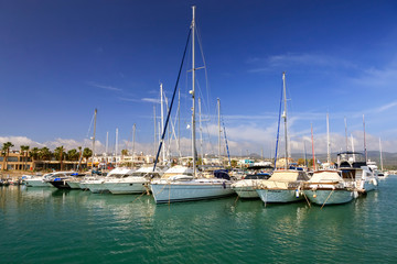 Fototapeta na wymiar Yachts and boats at the beautiful Latchi marina, Paphos, Cyprus