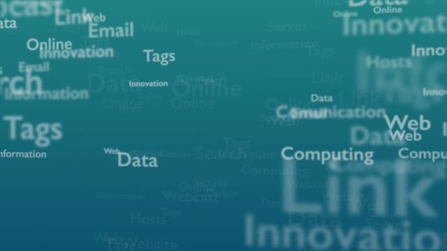 Light blue background with different words, which deal with internet. Close up. Copy space. 3D. Animation.