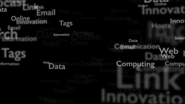 Black background with different words, which deal with internet. Close up. Copy space. 3D. Animation.