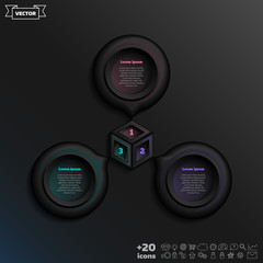 Vector infographic design with colorful circle on the black background. Business concept. 3 options, parts, steps. Can be used for graph, diagram, chart, workflow layout, number options, web