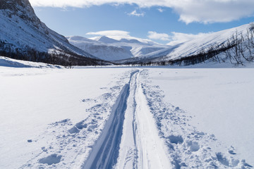 Cross country ski trail in national park Sarek, Swedish Lapland. Sweden.