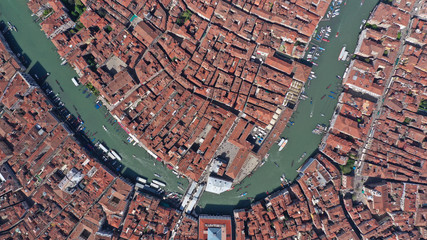 Aerial drone photo of iconic and unique Grand Canal crossing city of Venice as seen from high altitude, Italy