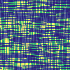 Contemporary blue and green brushed lines in with transparent water color effect. Vector seamless plaid pattern on yellow background. Perfect for packaging, wellness products, fabric, stationery, wrap