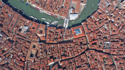Aerial drone photo of iconic and unique Grand Canal crossing city of Venice as seen from high altitude, Italy