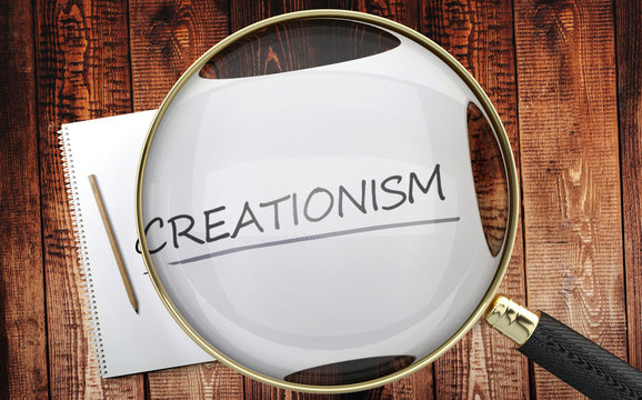 Study, learn and explore creationism - pictured as a magnifying glass enlarging word creationism, symbolizes analyzing, inspecting and researching the meaning of creationism, 3d illustration