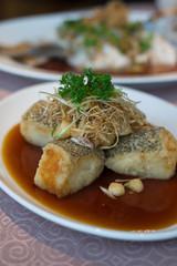 Crisp-fried Fillet of Cod Fish with Fragrant Garlic and Teriyaki Sauce