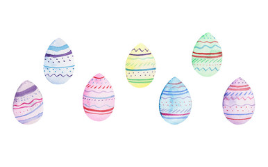 Set of colorful watercolor Easter eggs isolated on a white background