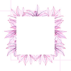 Fototapeta na wymiar Watercolor transparent leaves. Hand painted pink leaves with square perfect for card making and label. Illustration