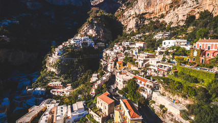 aerial view of the touristic city, the mountains and the beach, hotels and restaurants, buildings, business tours, sea holidays, luxury apartments Positano, Amalfi, Italy