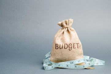 Bag with money and tape measure and the word budget. Limited budget. Lack of money. The concept of...