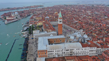 Aerial drone photo of iconic and unique Campanile in Saint Mark's square or Piazza San Marco,...