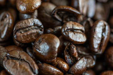 Close up shot of roasted coffee beans