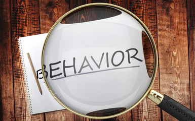 Study, learn and explore behavior - pictured as a magnifying glass enlarging word behavior, symbolizes analyzing, inspecting and researching the meaning of behavior, 3d illustration
