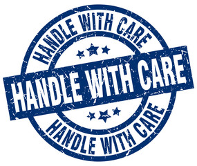 handle with care blue round grunge stamp