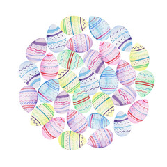 Watercolor round shaped background with easter eggs. 