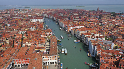 Obraz premium Aerial drone photo of iconic and unique Grand Canal crossing city of Venice as seen from high altitude, Italy