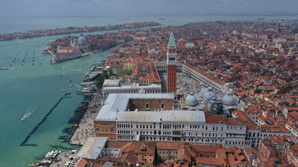 Fototapeta na wymiar Aerial drone photo of iconic and unique Campanile in Saint Mark's square or Piazza San Marco, Venice, Italy