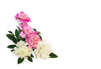 Naklejka na ściany i meble Bouquet of pink and white peonies on a white background with space for text. Top view, flat lay