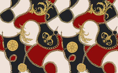 Print with gold chains and tassels and baroque leaves. Fabric design. Vector seamless pattern. - 264576764