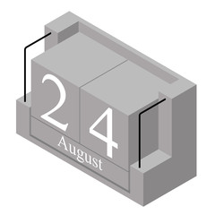 August 24th date on a single day calendar. Gray wood block calendar present date 24 and month August isolated on white background. Holiday. Season. Vector isometric illustration