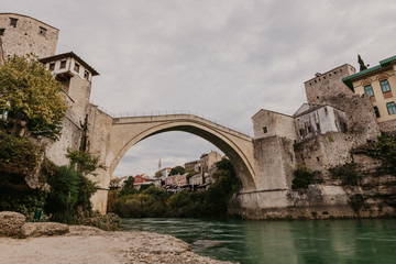 The Old Bridge in Mostar with emerald river Neretva. Bosnia and Herzegovina