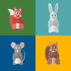 Flat design style, beaver, mouse, fox, rabbit. Vector illustration.