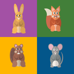 Flat design style, beaver, mouse, squirrel, rabbit. Vector illustration.