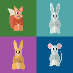 Flat design style, beaver, mouse, squirrel, rabbit. Vector illustration.