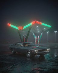 Neon gas station and retro car. Cyberpunk fog rain and night. Colour reflections on asphalt. Dodge Challenger 3d illustration - obrazy, fototapety, plakaty