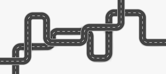 Road design element. Asphalt road with turns. Winding road isolated on white background. Vector illustration.