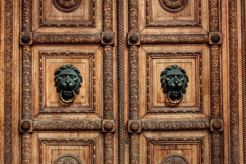 Old wooden door with lion-shaped handles