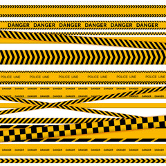 Black and yellow police stripe border, construction, danger caution seamless tapes vector illustration set