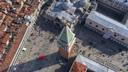 Aerial drone photo of iconic and unique Campanile in Saint Mark's square or Piazza San Marco,...