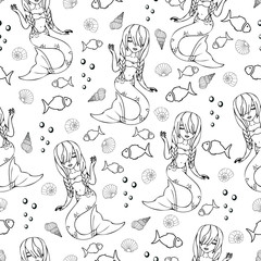 Black and white outlined mermaid seamless vector pattern with sea stars, fish and shells.