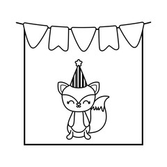 cute fox animal with garlands and hat party