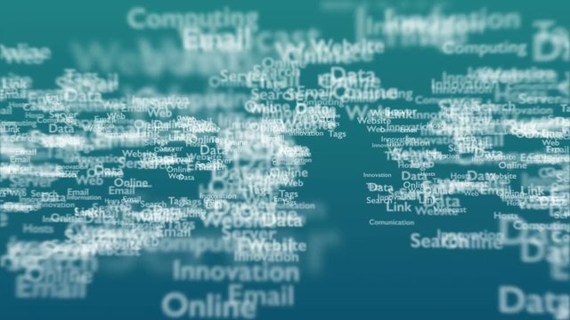 Light blue background with different words, which deal with internet. Close up. Copy space. 3D. Animation.