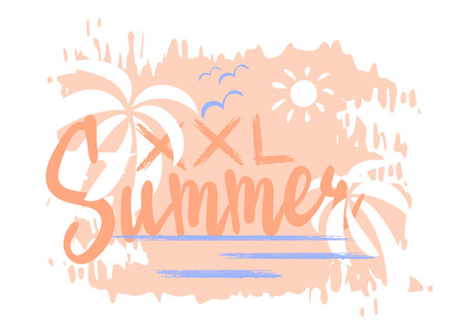 Summer travel vacation image. Big summer XXL. Vector illustration on grunge background. Sea resort, waves, sea, birds, sun, and palm tree.
