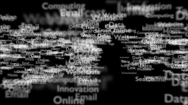 Black background with different words, which deal with internet. Close up. Copy space. 3D. Animation.