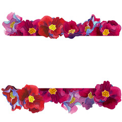 Watercolor borders of hibiscus flowers with pink and red petals isolated. Floral template on white background, add your text. Design for wedding and selebrations, invitation cards and print.