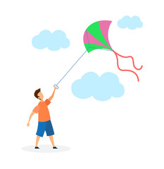 Boy Playing with Kite Flat Vector Illustration