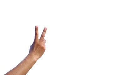 Female hand with a body language of V-sign on white isolated background 