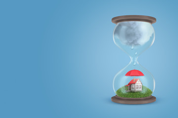 3d rendering of sandglass with green grass and little house protected by umbrella in lower half of sandglass, and with big grey rain cloud in upper half.