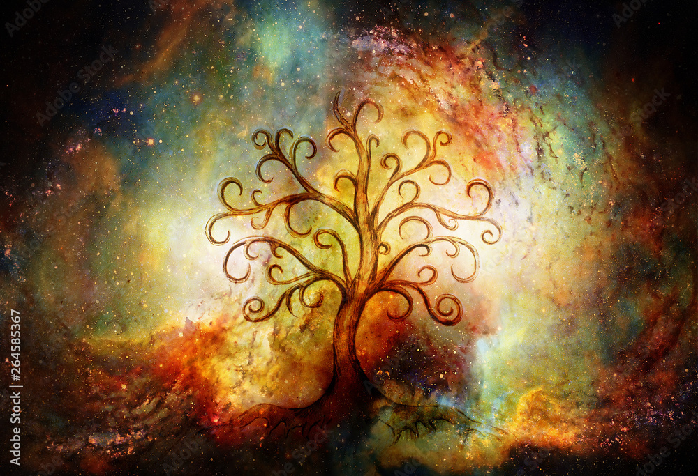 Poster tree of life symbol on structured and space background, yggdrasil.