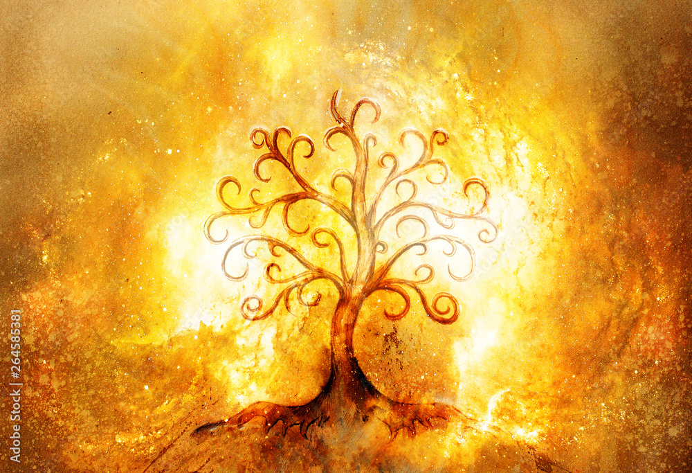 Poster tree of life symbol on structured and space background, yggdrasil.