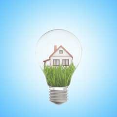 3d rendering of white house on green grass inside a light bulb on blue background